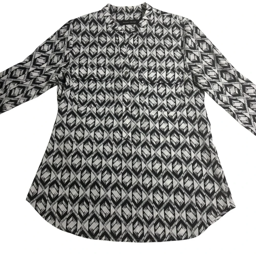 Ivanka Trump Blouse Diamond Print Long Sleeve Button Up Shirt S/P